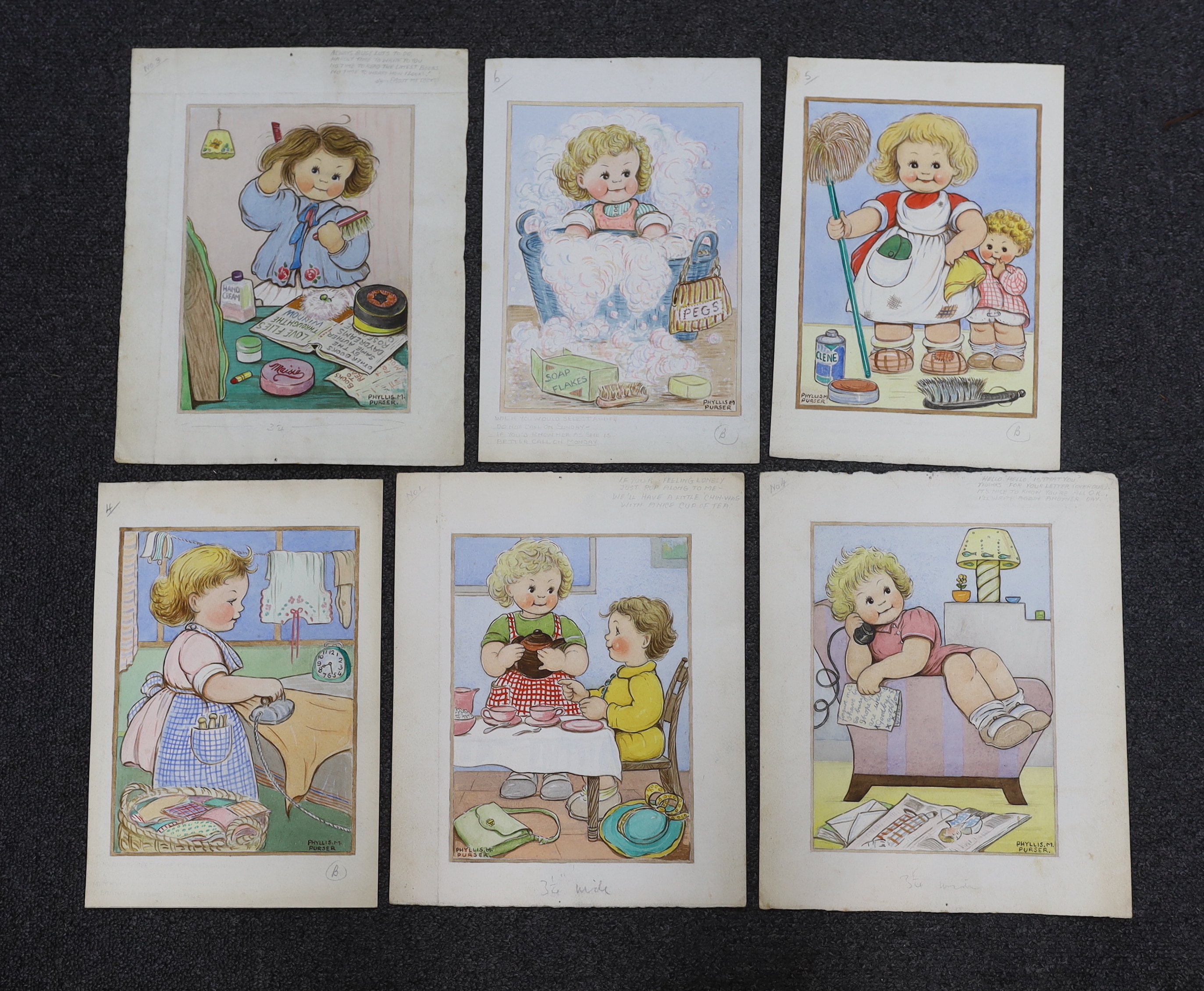 Phyllis Purser (1893-1990), set of six mid 20th century watercolours, Humorous children, original postcard designs, signed, largest 30 x 24cm, unframed